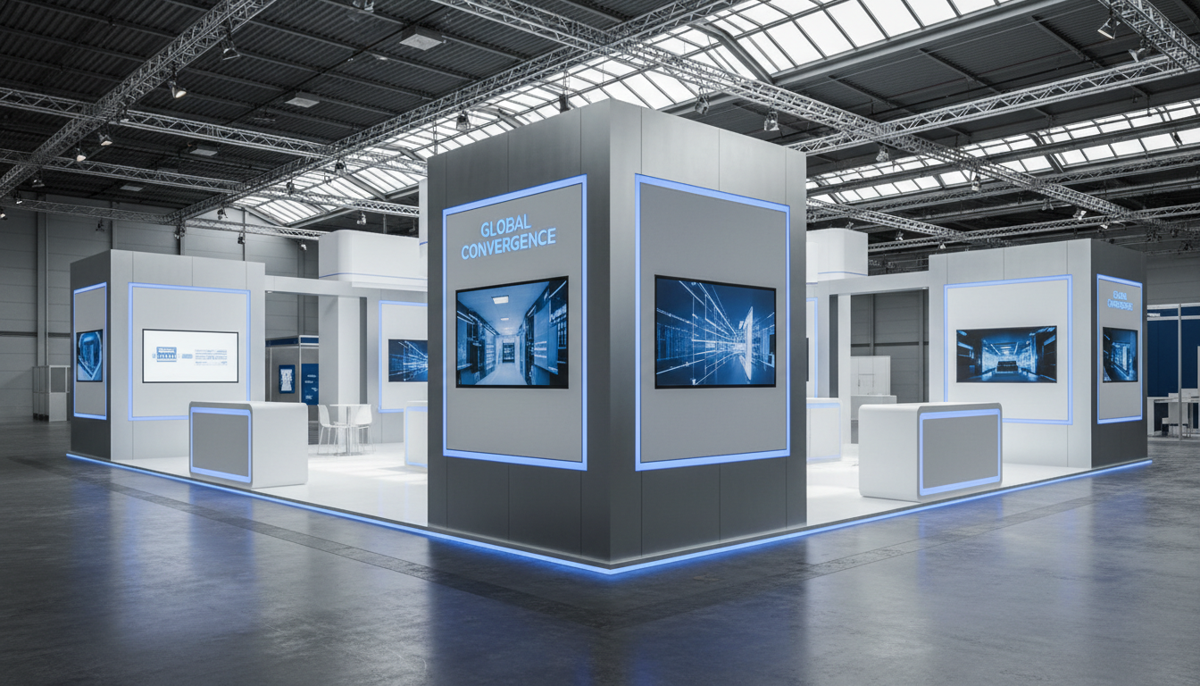 An expansive, modern LED kongre stand constructed from brushed aluminum and glossy white panels, featuring integrated blue LED light strips along its clean geometric edges. The stand is centrally positioned on a polished concrete floor within a vast, minimalist exhibition hall. Overhead, soft daylight pours in from high skylights, casting crisp, gentle highlights and subtle shadows along the stand’s surfaces. The atmosphere is calm, professional, and orderly, exuding corporate sophistication. Photographed from a slightly elevated perspective, using sharp focus throughout and a balanced, symmetrical composition, the image embodies photographic realism with a clean and modern aesthetic, perfectly suited for a business site in the congress and expo sector.